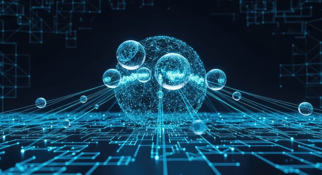 Abstract digital orbs floating in a web of glowing blue lines and complex geometric patterns representing pervasive data collection systems, glowing, system, circuit