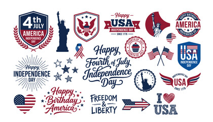 Fourth of July retro patriotic badges collection. Set of United States independence day labels with hand drawn typography, flags, liberty statue, star bursts. © Mahamuda Studio 