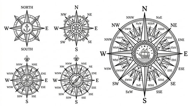 Compass Rose Line Art Vector Collection &ndash; Classic Navigation Symbols and Directional Wind Rose Set