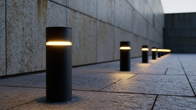 Outdoor bollard light line along stone path near wall at dusk, modern security and wayfinding in urban courtyard
