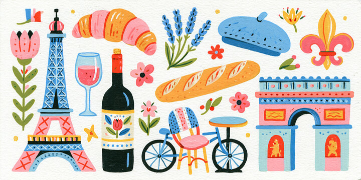 Colorful illustration of French symbols like the Eiffel Tower and croissants.