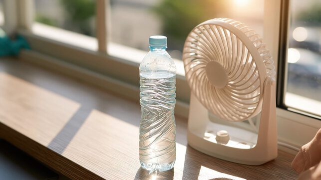 Reusable water bottle near fan in sunny room for wellness and hydration