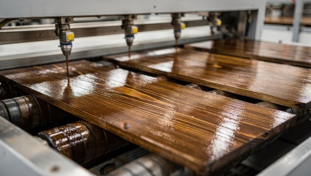 Medium shot capturing wood panels receiving rich stain finish on conveyor highlighting detailed sanding and coating process in controlled environment.