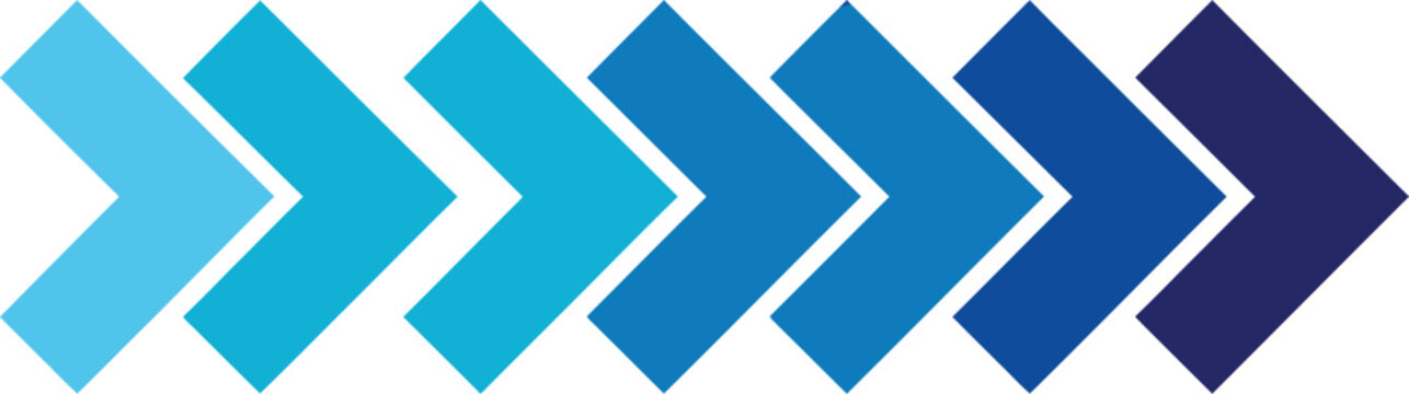 Set of blue gradient arrow chevrons pointing right direction for dynamic web graphic design.
