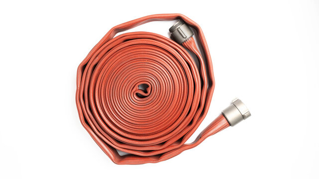 Red jacked, high pressure, rolled fire hose on white background