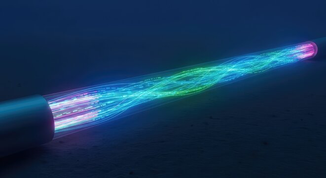 Deep sea fiber optic cable on the ocean floor glowing with fast moving neon data light streams across the dark blue underwater environment, cyan, abyss, infrastructure