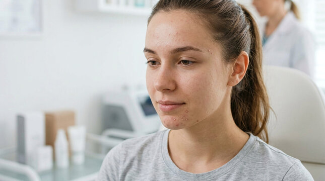 Woman with whiteheads on chin and forehead in a clinic