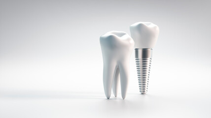 Dental implant and molar tooth isolated on white background with copy space - 3D illustration