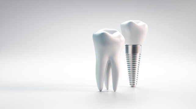 Dental implant and molar tooth isolated on white background with copy space - 3D illustration