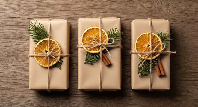 Eco friendly holiday gifts wrapped in brown kraft paper with natural twine, dried orange slices, and pine branches on a rustic wood surface, eco friendly, organic, rustic