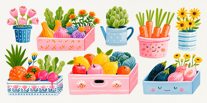 Colorful illustration of assorted fruits and vegetables in decorative baskets.