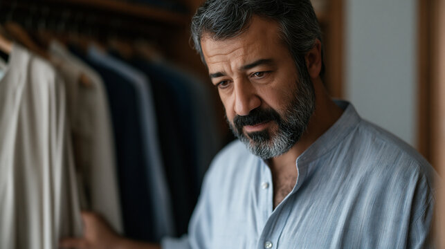 Iranian man in his forties standing before two clothing racks in bedroom, one traditional the other corporate, hand hovering between both, identity conflict, bicultural adult,
