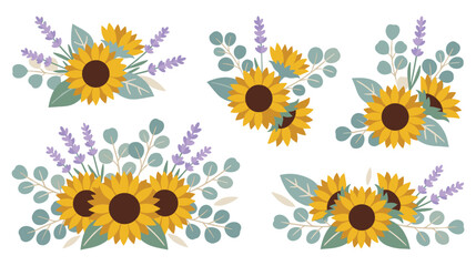 Sunflower and lavender bouquet arrangements with eucalyptus leaves for summer decorations. © jubayer71