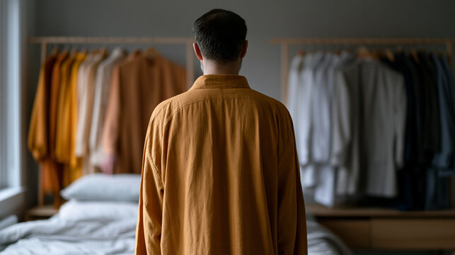 Iranian man in his forties standing before two clothing racks in bedroom, one traditional the other corporate, hand hovering between both, identity conflict, bicultural adult,