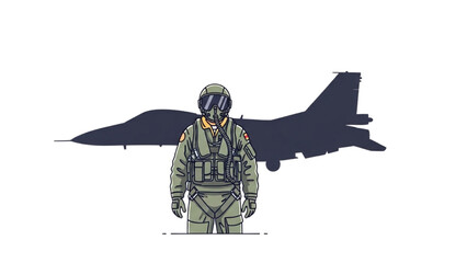 Military pilot in 2D AutoCAD Vector illustration stands before fighter jet © Stock Image Paradise