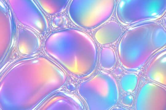 Iridescent soap bubbles forming abstract glossy surface