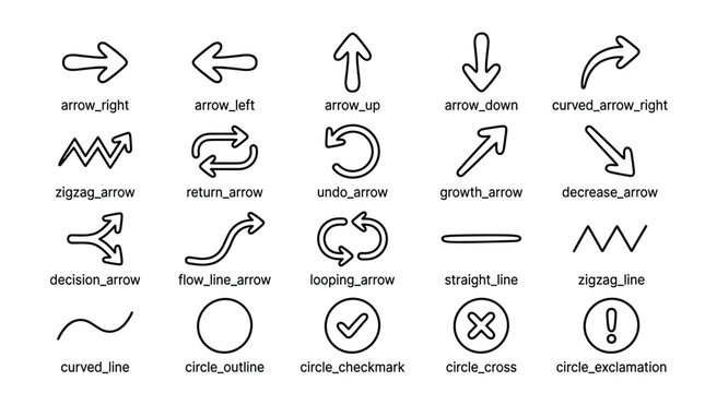 Arrow right, arrow left, arrow up, arrow down, curved arrow right, zigzag arrow, return arrow, undo arrow, growth arrow.