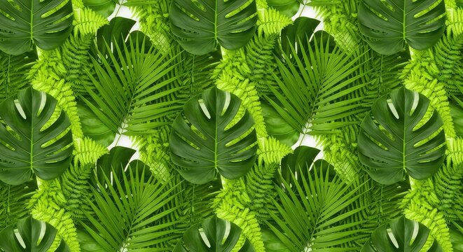 Elegant seamless pattern featuring vibrant green jungle leaves and tropical foliage arranged in a dense, repeat layout for natural decor, leaf, green, herbal