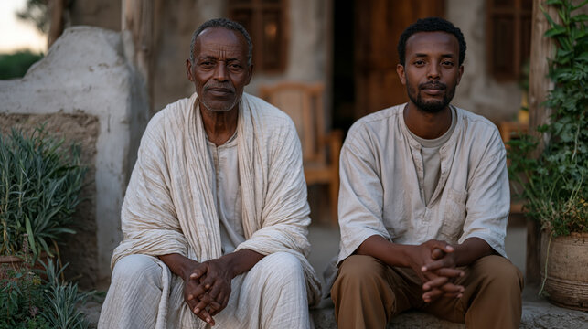 Ethiopian widower and his adult son sitting side by side on porch steps at dusk saying nothing, a third empty chair between them for the woman they both miss, their hands loosely