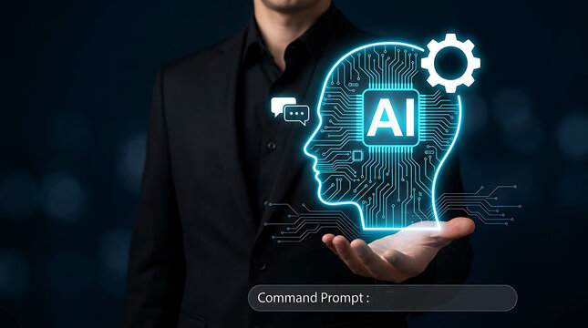 Businessman holding glowing AI head circuit interface representing smart automation