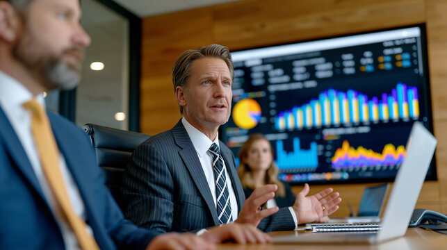 Legal operations director presenting subscription service utilization analytics to law firm managing partner, matter type breakdown and associate research hours saved metrics visible on boardroom di