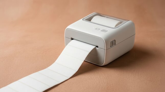 White thermal label printer printing blank sticker roll. Portable device for organizing and logistics. Compact technology for home office, craft, shipping, and inventory management.