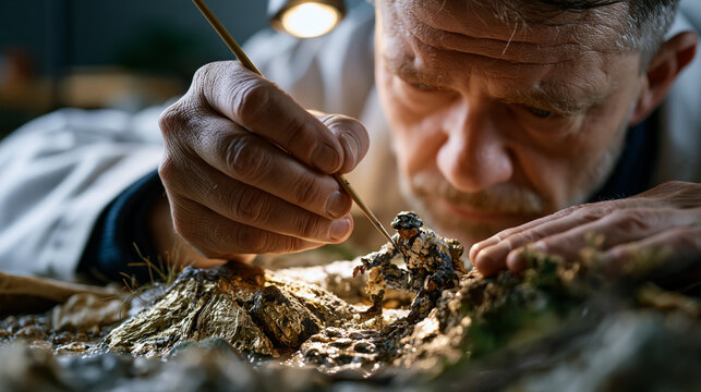 Museum conservator under directed studio lighting carefully touching up a painted historical miniature diorama figure with a size-zero brush, period military scale model, heritage preservation, fine