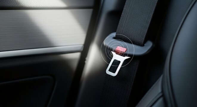 Fastened car seatbelt with graphic sensor alert circles. Automotive safety and smart alarm system concept. Close up of black buckle with red button
