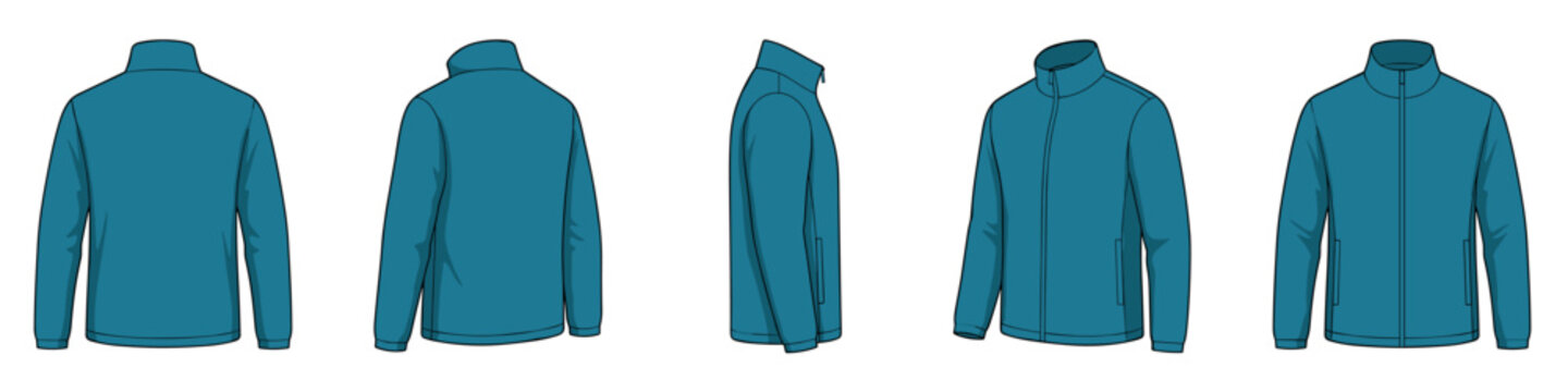 Teal blue windbreaker jacket mockup realistic vector illustration set. Lightweight sportswear with copyspace 3d models on transparent background