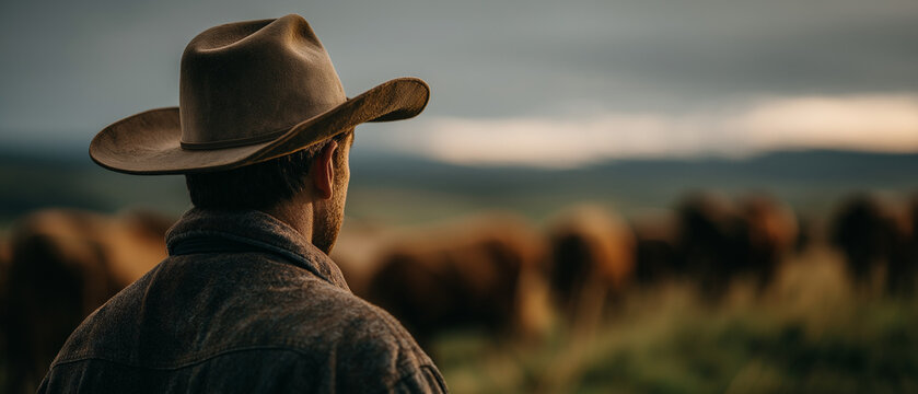Cowboy at Dusk: A solitary cowboy, seen from behind, dons a weathered hat and gazes out at a herd of cattle in a vast, open field as the sky darkens towards dusk.