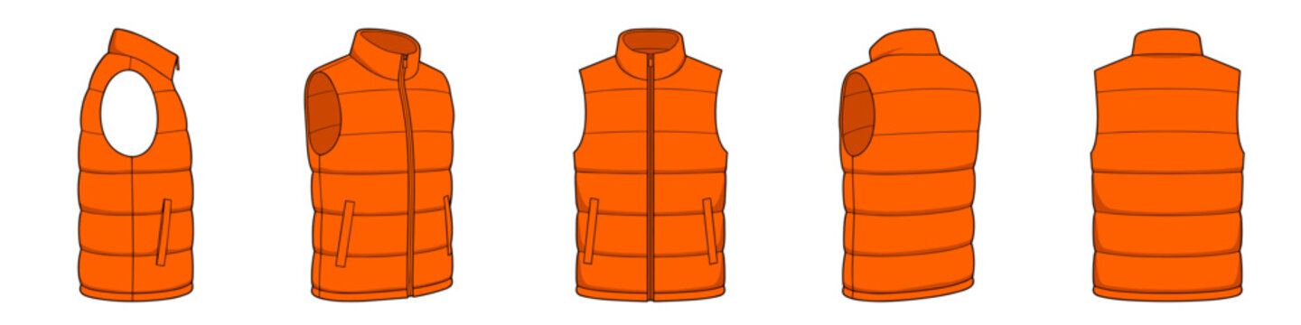 Orange puffer vest mockup realistic vector illustration set. Quilted winter waistcoat with copyspace 3d models on transparent background
