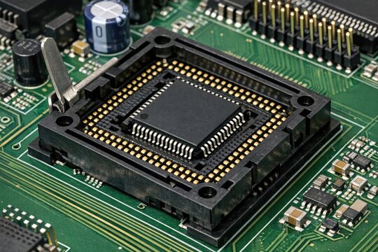 Close-up view of a computer motherboard with various components and circuitry
