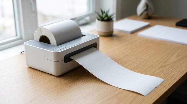 Thermal label printer on a wooden desk. Desktop shipping label maker with a roll of stickers for logistics and packaging business. Industrial equipment for parcel mailing and organization.