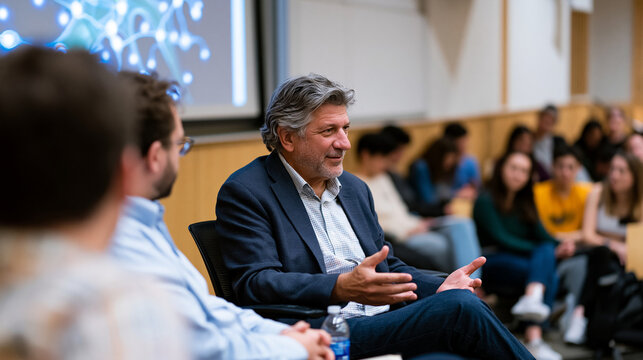 Synthetic biology ethics panel in university seminar room, scientist and philosopher seated across from student audience, projected diagram of engineered organism on screen behind them, engaged deba