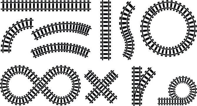 Railway tracks collection featuring various straight curved circular and crossing train path segments in black silhouette