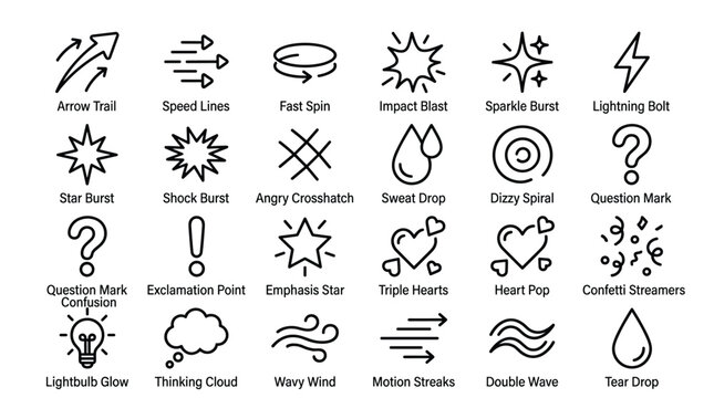 Comic elements for explosion speed, smoke, and action, including shockwave, blast wave, dash lines, motion trails, and spark burst line art.