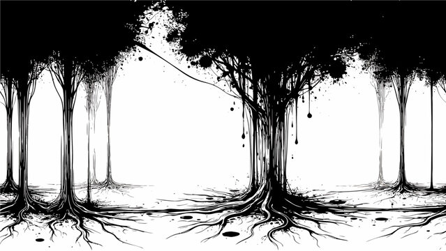 Tree roots forest black and white illustration trees trunk branches drawing sketch