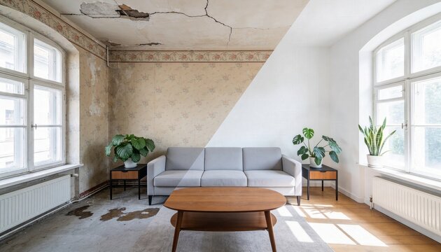 A dramatic before-and-after interior design concept showing the left half of a deteriorating vintage room with peeling wallpaper and the right half as a beautifully renovated 