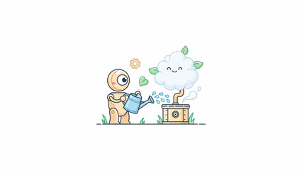 Naklejka premium Robot watering plant from watering can green leaves smiling cloud sun cartoon