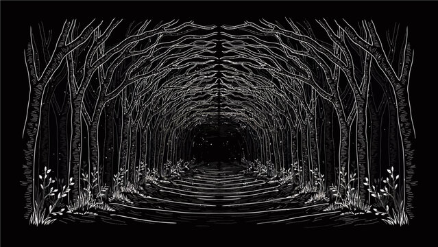 Black and white forest tunnel illustration trees drawing monochrome landscape
