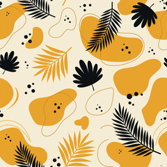 Naklejka premium Tropical seamless vector pattern with abstract shapes and palm leaves