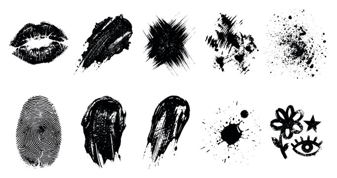 Grunge beauty art elements displaying fingerprints, lip prints, and ink splatters