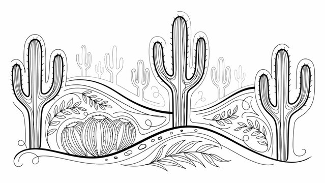 Cactus desert landscape with pumpkin vector illustration black and white line art
