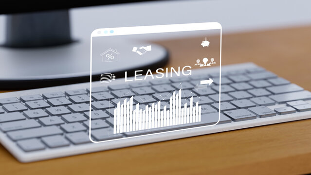 Digital leasing platform and property rental contract, online finance management, financial agreement, asset leasing, and modern investment service concept.