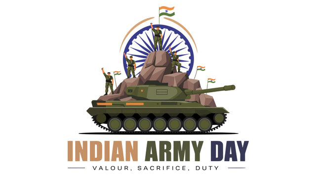 Indian Army Day commemorative banner with military battle tank and soldiers hoisting tricolor flag on rocky hill over isolated white background