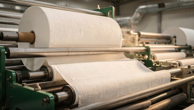 Industrial medium view of a jumbo roll toilet tissue manufacturing line with detailed perforating and rewinding on ecofriendly recycled pulp highlighting sustainable production.