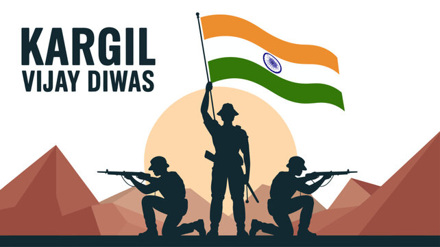 Kargil Vijay Diwas victory banner with soldier silhouettes raising the Indian flag in low poly mountains on white background