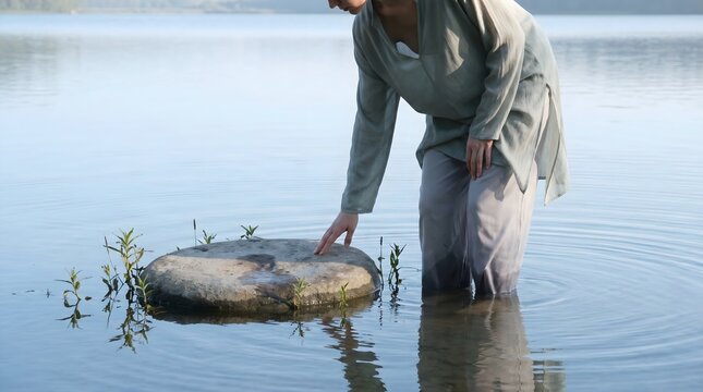 Fashion portrait of person touching stone in shallow water