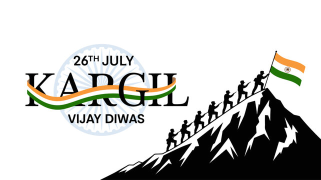 Kargil Vijay Diwas salute banner with Amar Jawan eternal flame memorial and Indian flag wavy ribbon on isolated white background