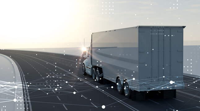 Rear view of white semi truck on highway road with glowing plexus network graphics, smart logistics and fleet management.